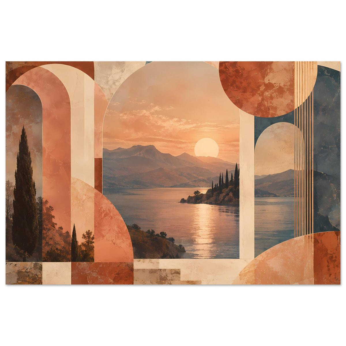 Abstraktes Poster im Querformat mit Landschaft bei Sonnenuntergang, warm, geometrische Bögen
