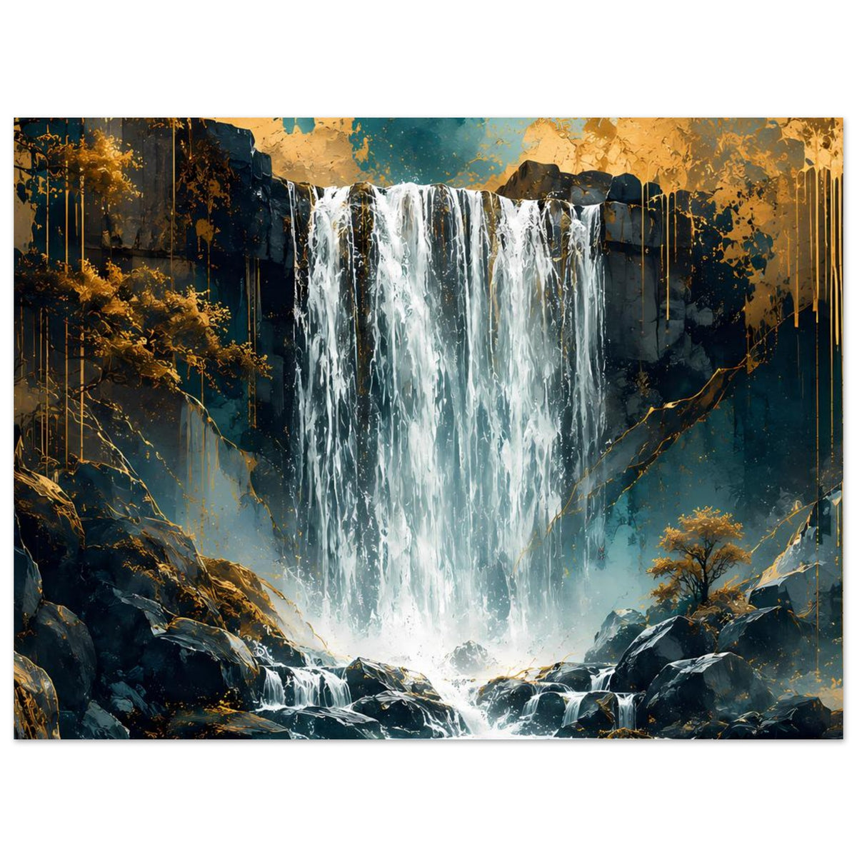 Wasserfall-Poster: türkisfarbenes Wasser zwischen dunklen Felsen, mit goldenen Akzenten