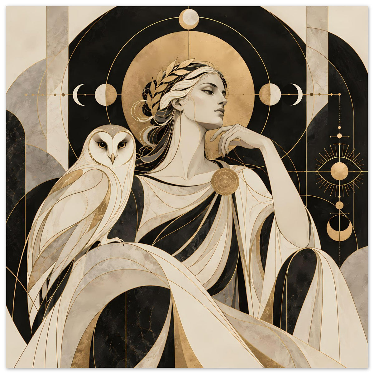Kunstposter im Hochformat: Frau mit Eule, goldene Verzierungen, dunkles Kreisornament