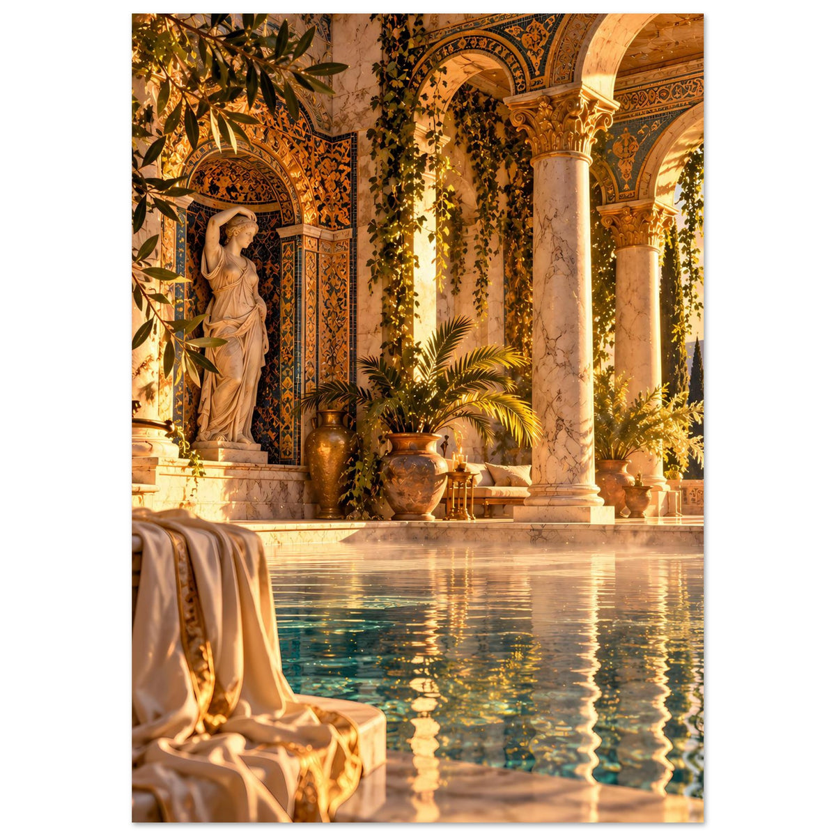 Vertikales Mediterranes Pool-Poster: Säulen, Statue und Wasserfläche im goldenen Stil