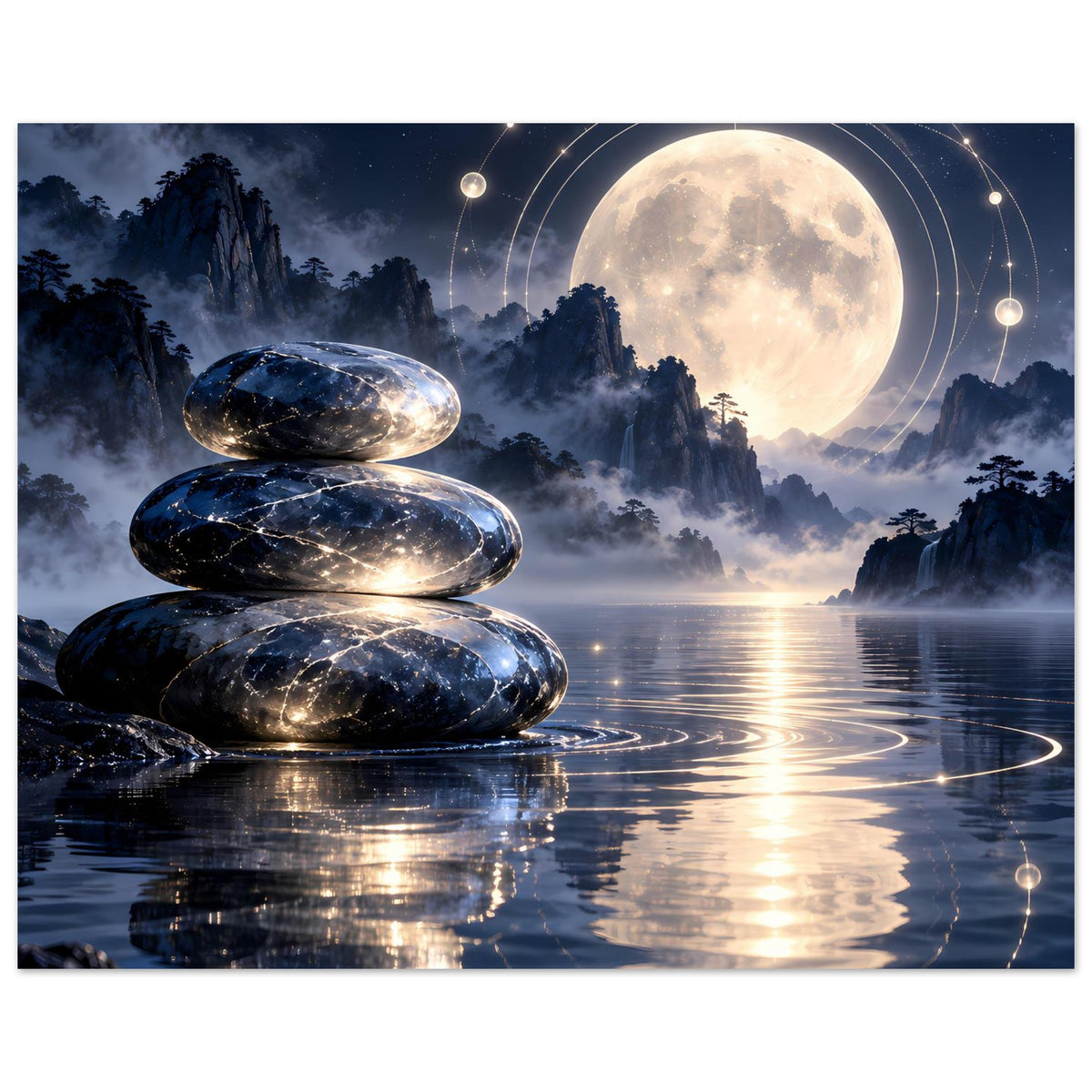 Querformat-Poster mit Meditationssteinen, leuchtendem Mond und Lichtkreisen über Wasser