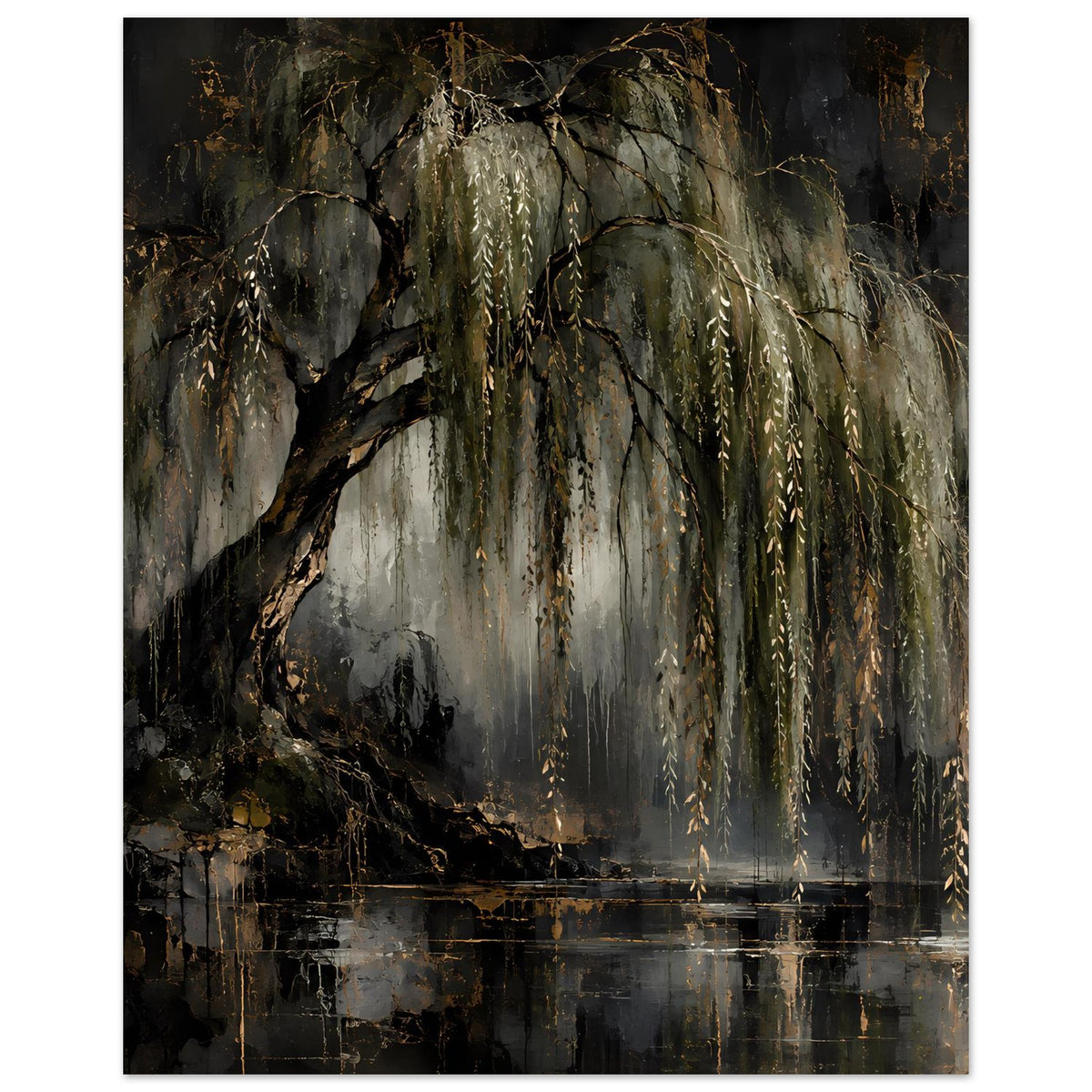 Naturposter mit herabhängenden Trauerweiden-Ästen, goldenen Akzenten und Wasserreflexion