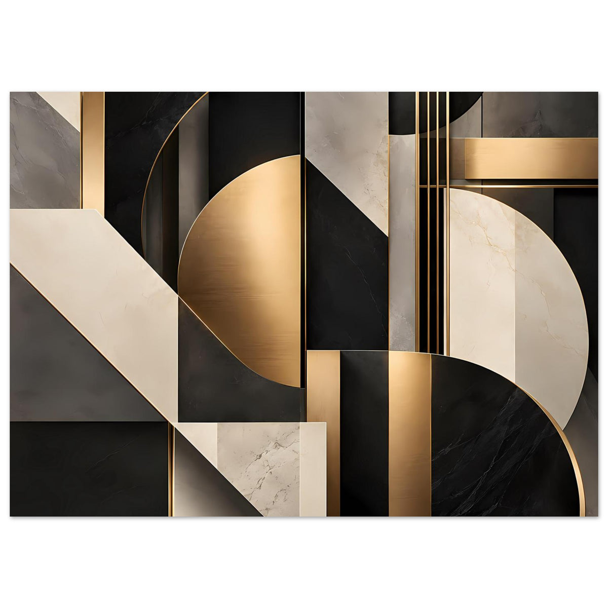 Geometrisches Gold-und-Marmor-Kunstposter mit klaren Streifen, Kreisformen und goldenen Akzenten.