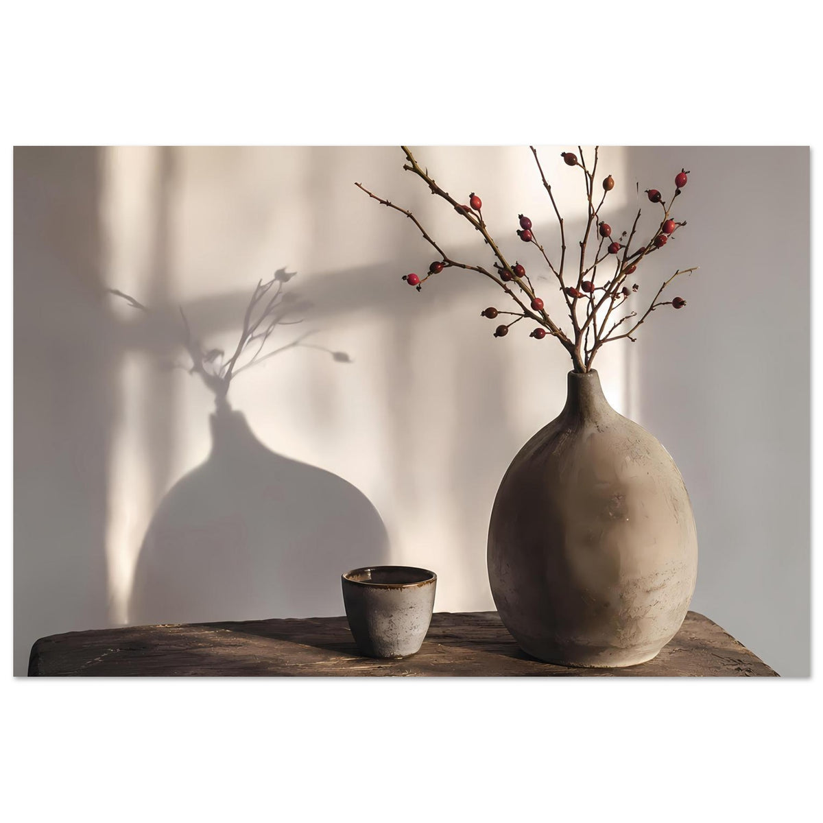Stilllebenposter im Querformat: Vase in Erdtönen mit roten Beerenzweigen, Becher auf Holz