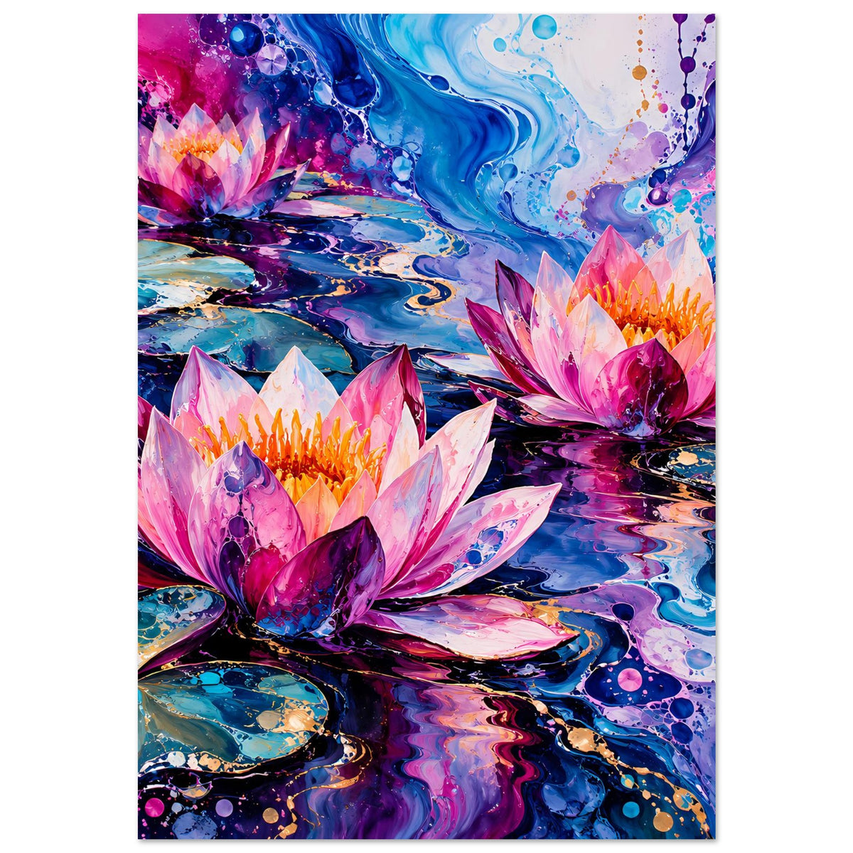 Blumenposter mit abstrakten Seerosen in Pink, Blau und Violett, farbige Tropfen und Kreise