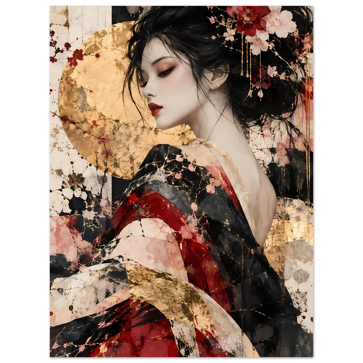 Asiatisches Kunstposter mit Frau im Kimono in Rot, Rosé und Gold