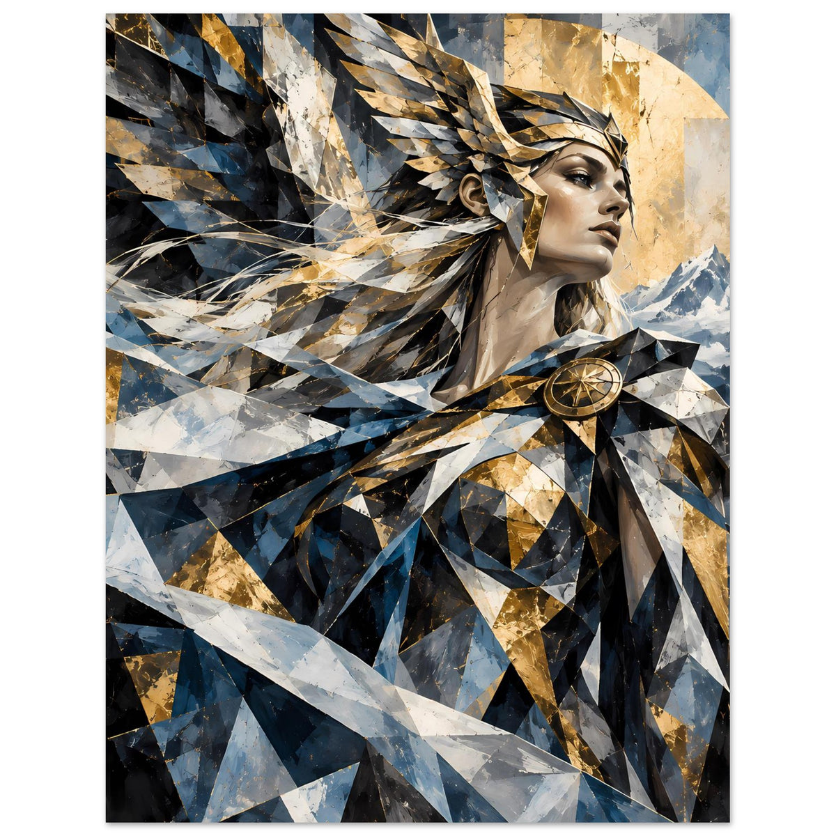 Geometrisches Poster mit frontalem Frauenprofil, blauem und goldenem Facettenmuster