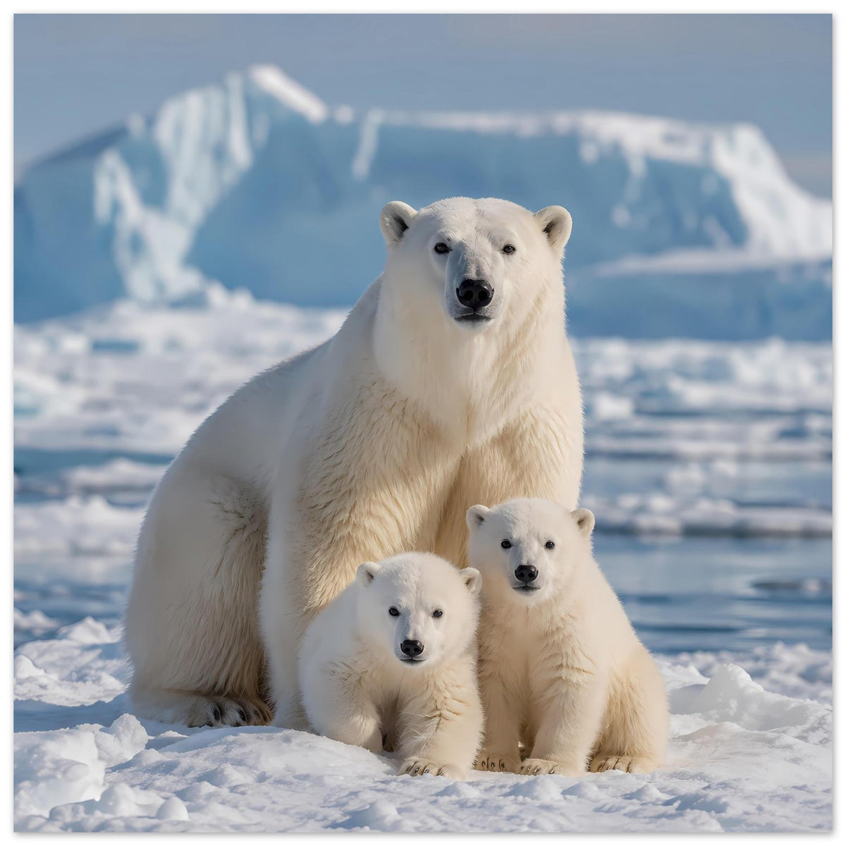 Vertikaler Kunstdruck Eisbärenfamilie, großer Eisbär mit zwei Jungtieren im Schnee