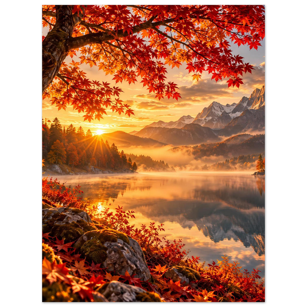Herbstlandschaft-Poster hochformatig mit warmem Sonnenlicht, Bergen, See-Reflexion und roten Blättern