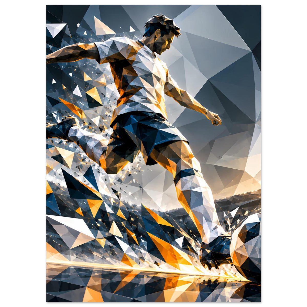 Fußballposter Hochformat mit dynamischem Fußballer aus Dreiecken in Blau, Orange und Weiß