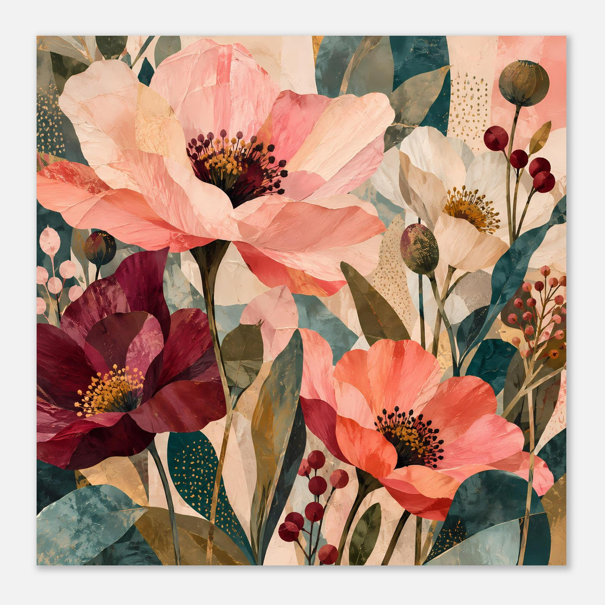 Blumen-Kunstdruck mit großen abstrakten Blüten in Koralle, Burgunder, Creme und Petrol