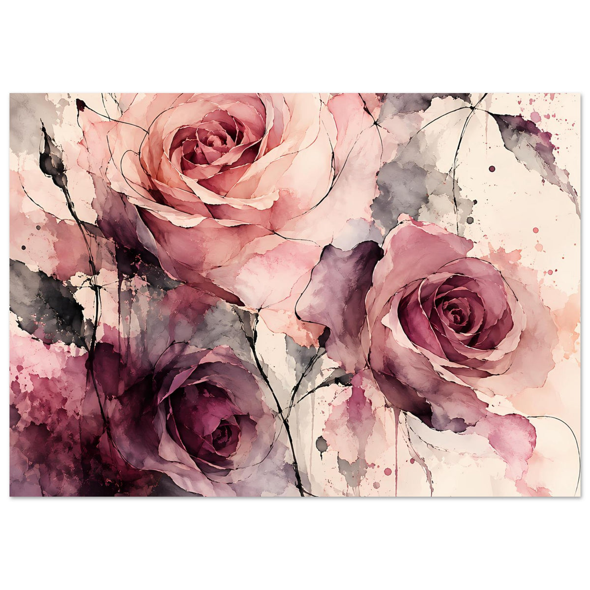 Wasserfarben-Rosenposter mit drei Rosen, warme Rosatöne, violette Bereiche, feine schwarze Ranken