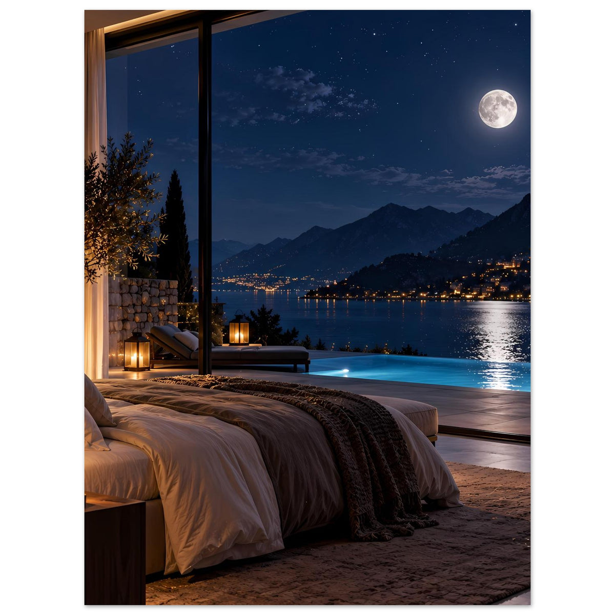 Luxuriöses Nachtblick-Poster (hochkant) mit Bett am Fenster, Mond über See und Bergen