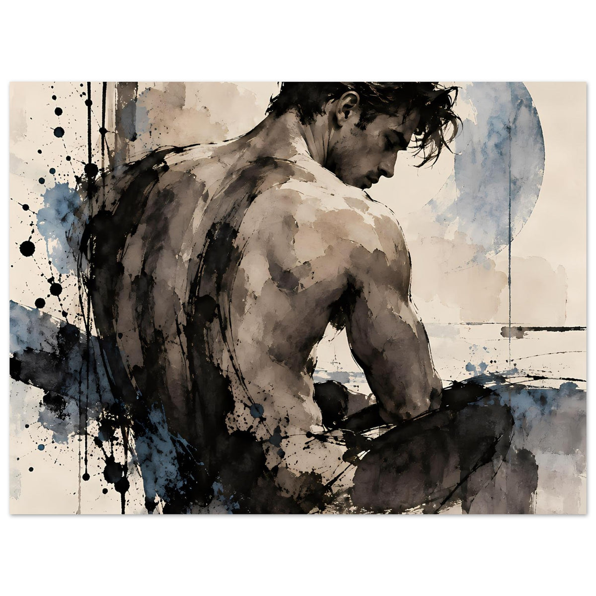 Kunstdruck: männlicher Akt, Rückenansicht seitlich, Sepia und Blau, Spritzer und Linien