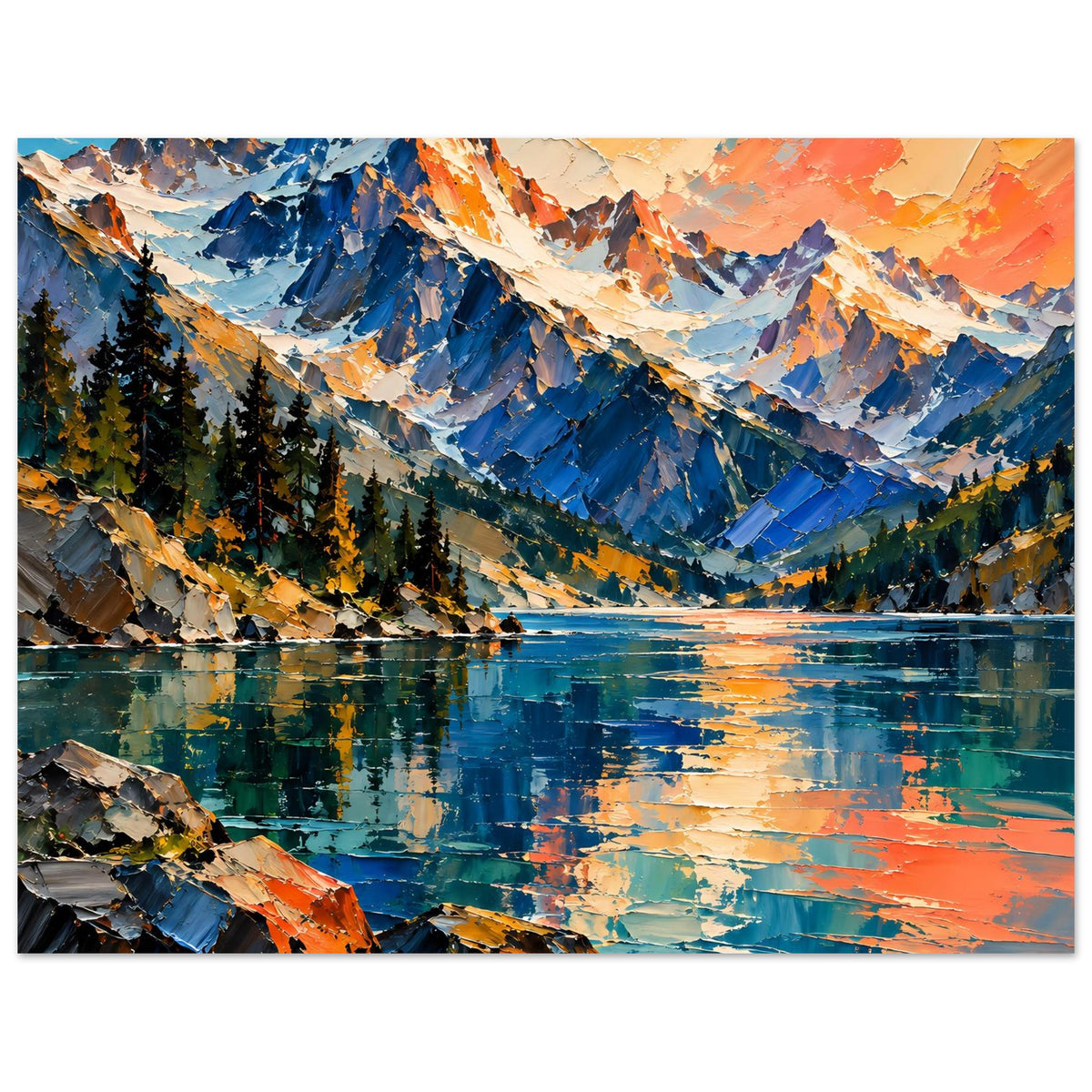 Querformat Poster mit Alpenbergen und türkisblauem See, orangefarbener Himmel und Reflexion im Wasser