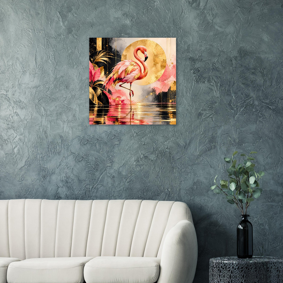 Flamingo-Tierposter in Pink mit goldenen Akzenten und runder Goldfläche