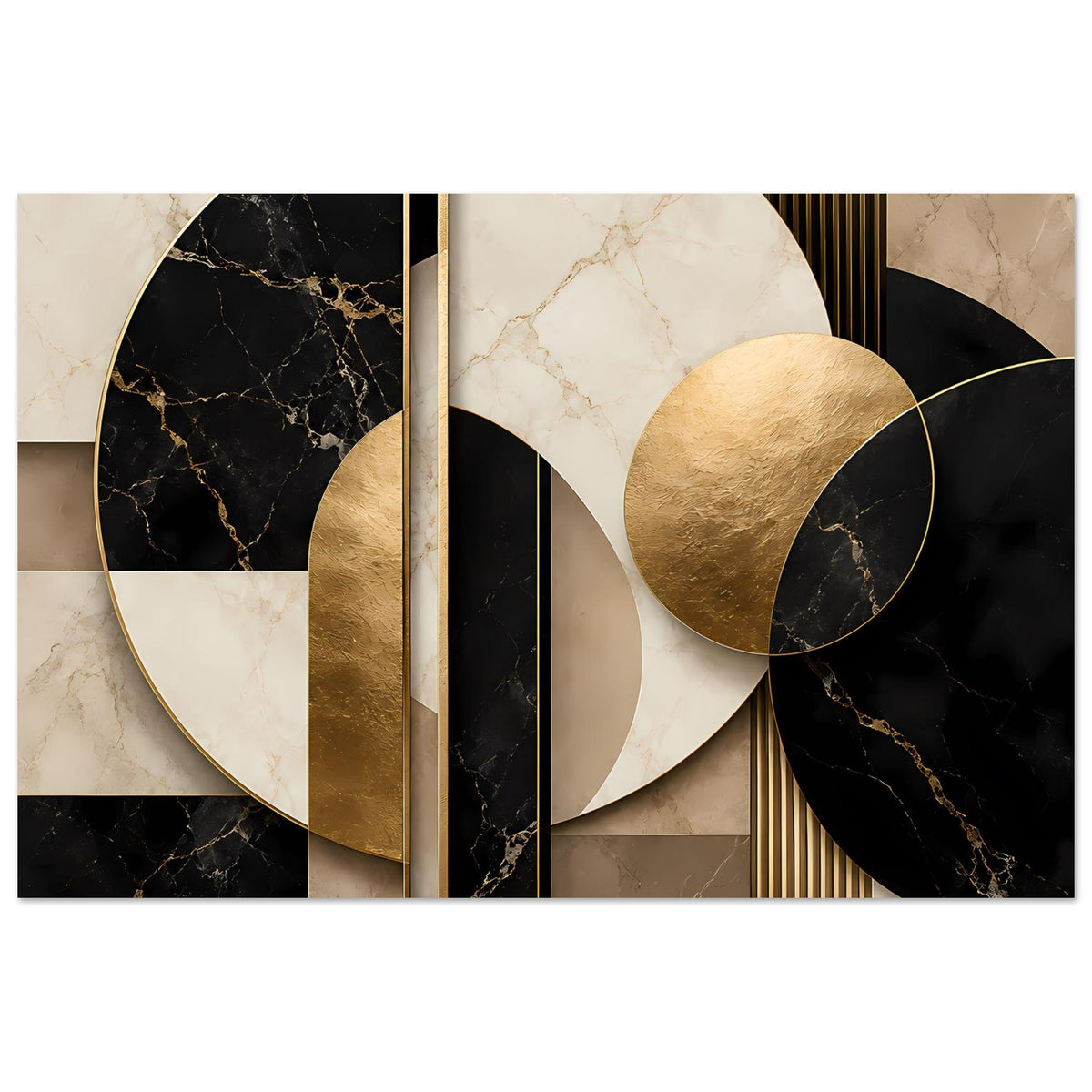 Geometrisches Marmor-Poster mit goldenen Halbkreisen und feinen Vertikallinien, Querformat