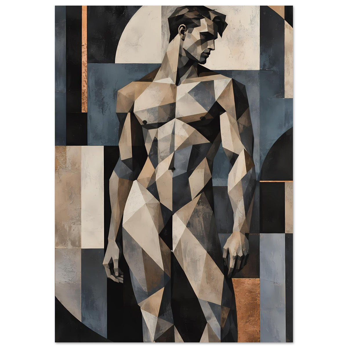 Kunstposter mit geometrischer Aktfigur, Kopf und Oberkörper nah, warmes Beige, Grau und Dunkelbraun
