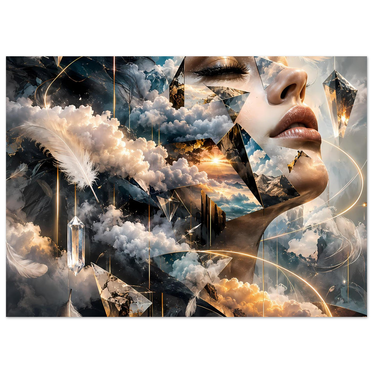 Horizontales Poster mit surrealer Szene aus Wolken, Kristallen und Frauenprofil mit Feder