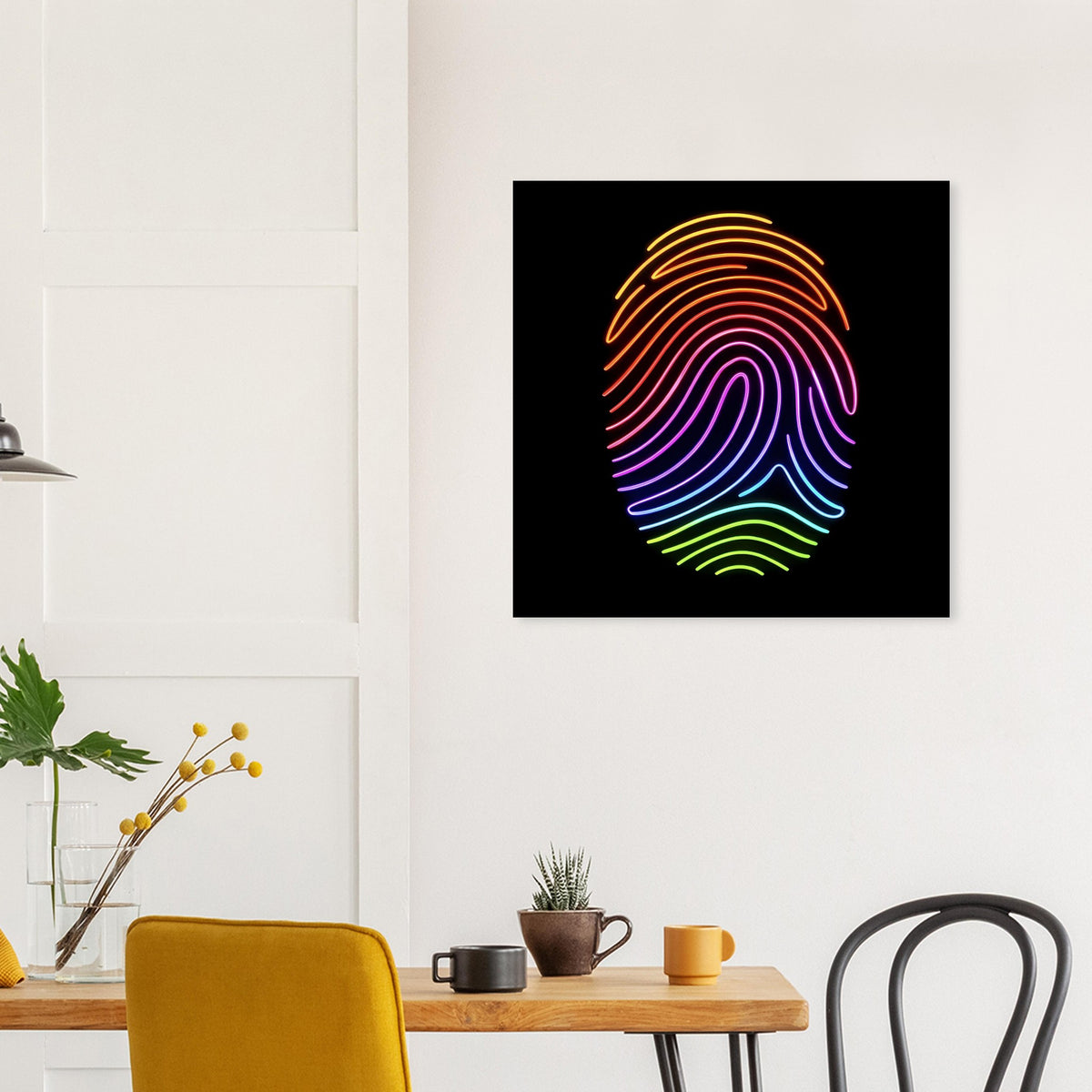 Neon-Fingerabdruck-Poster mit regenbogenfarbenen Linien auf schwarzem Hintergrund.