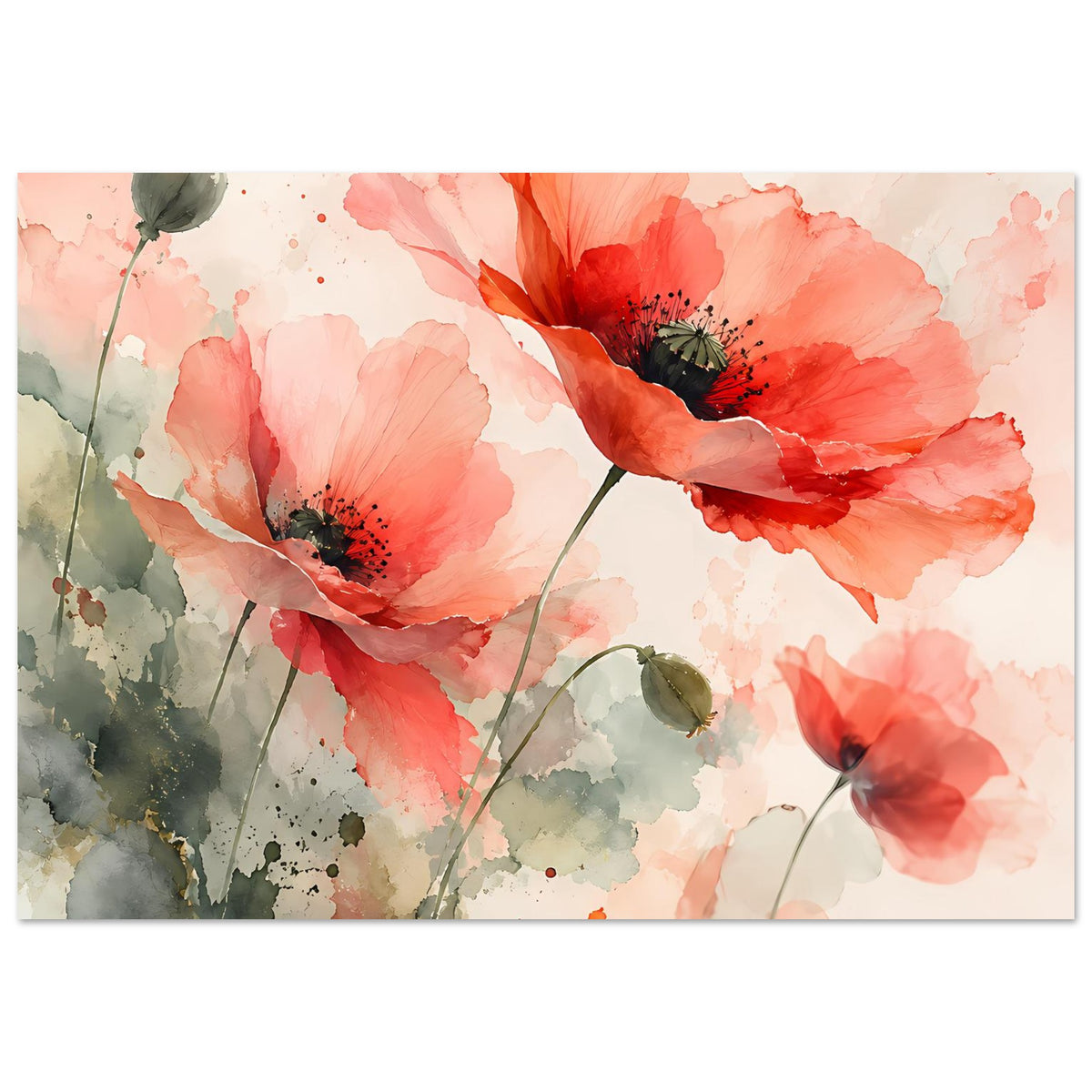 Aquarell-Poster: Korallrosa Mohnblumen mit grünen Elementen, horizontal, im Rahmen