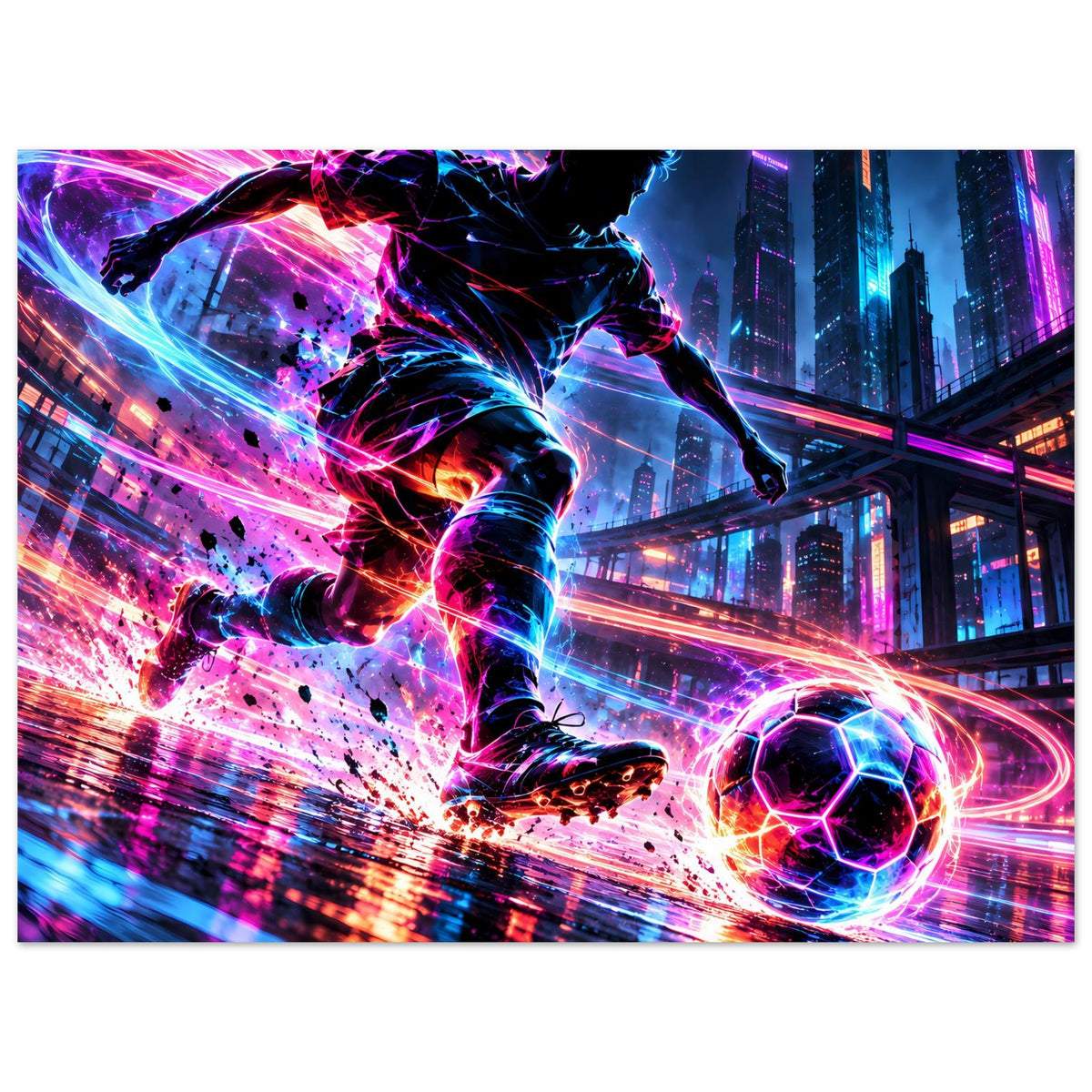 Neon-Soccer-Actionposter im Querformat: dynamischer Fußballer, Neonspuren, leuchtender Ball
