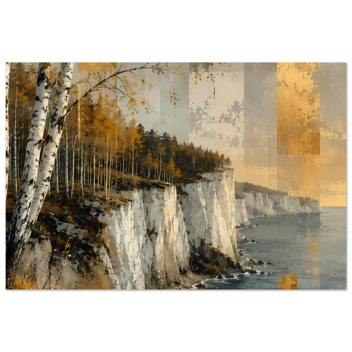 Herbstliches Küstenlandschafts-Poster, horizontal: Birken am Ufer, Steilküste und Meer in Goldtönen
