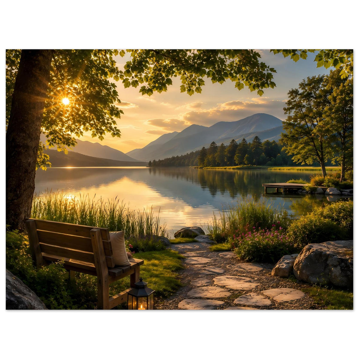 Seeposter mit Sonnenuntergang, Uferbank, Laterne und Steg am ruhigen See mit Bergen im Hintergrund