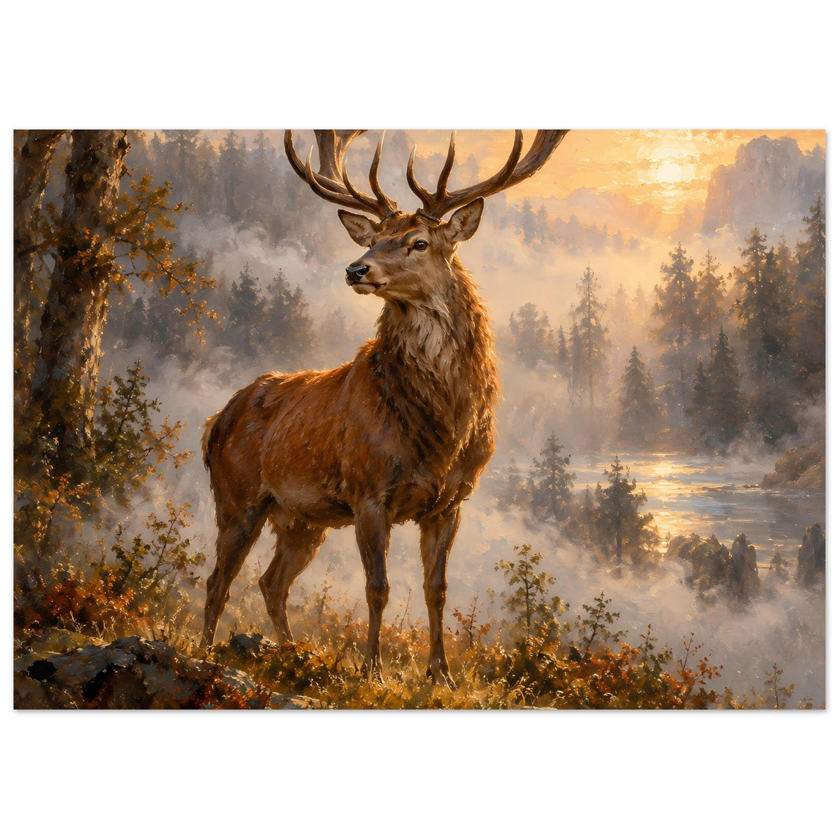 Majestic-Stag-Poster: Hirsch mit Geweih, goldiges Licht zwischen Bäumen im Nebel
