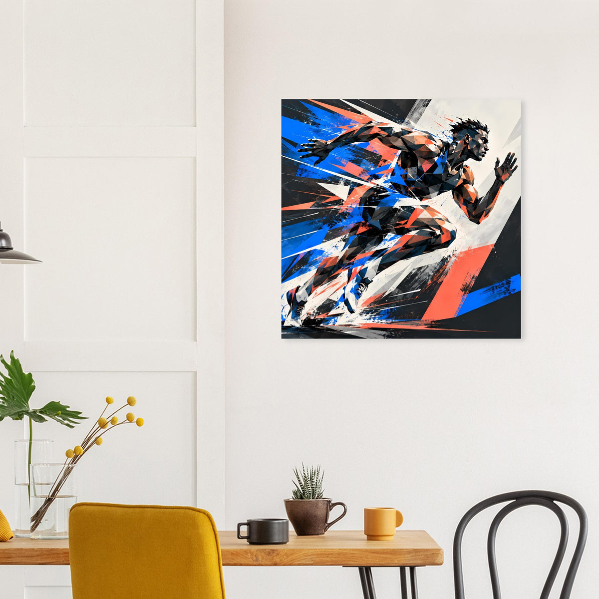 Action-Poster mit laufender Figur, kräftige Blau-, Orange- und Schwarztöne, quadratisch