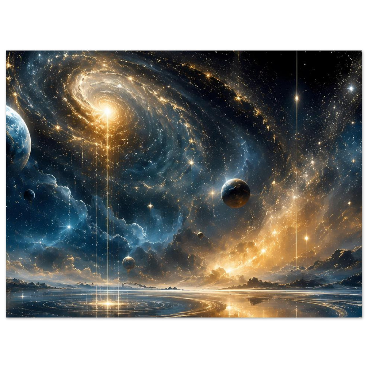 Weltraum-Poster mit Spiralgalaxie, Planeten und Sternen, Szene mit Wolken und Wasserreflexen
