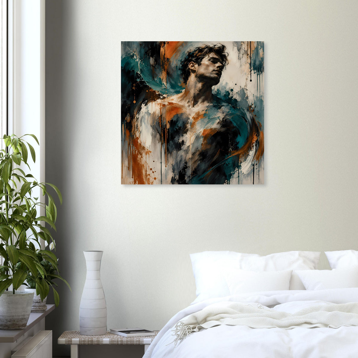 Kunstposter mit Männerporträt in Petrol und Rostorange über weißem Bett