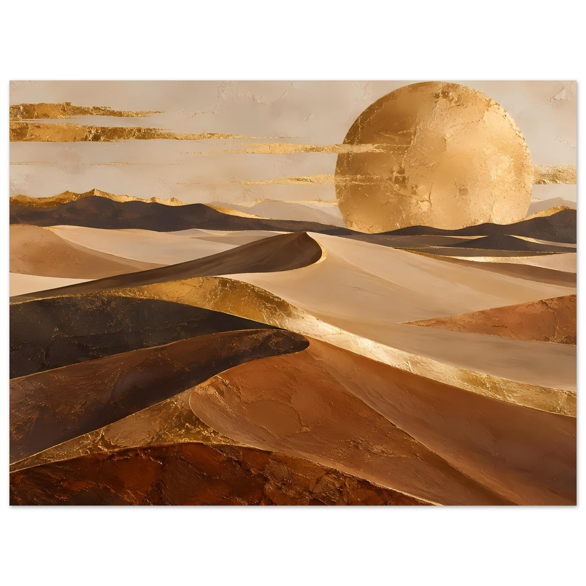 Breites Poster mit Wüstenmotiv: goldene Sonne, geschichtete Dünen und dunkle Hügel
