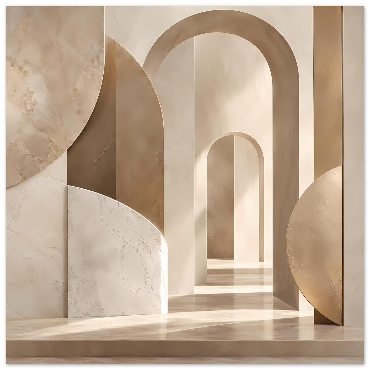 Kunstposter mit minimalistischen beigen Bögen und Marmorstruktur, ruhiges Architekturdesign