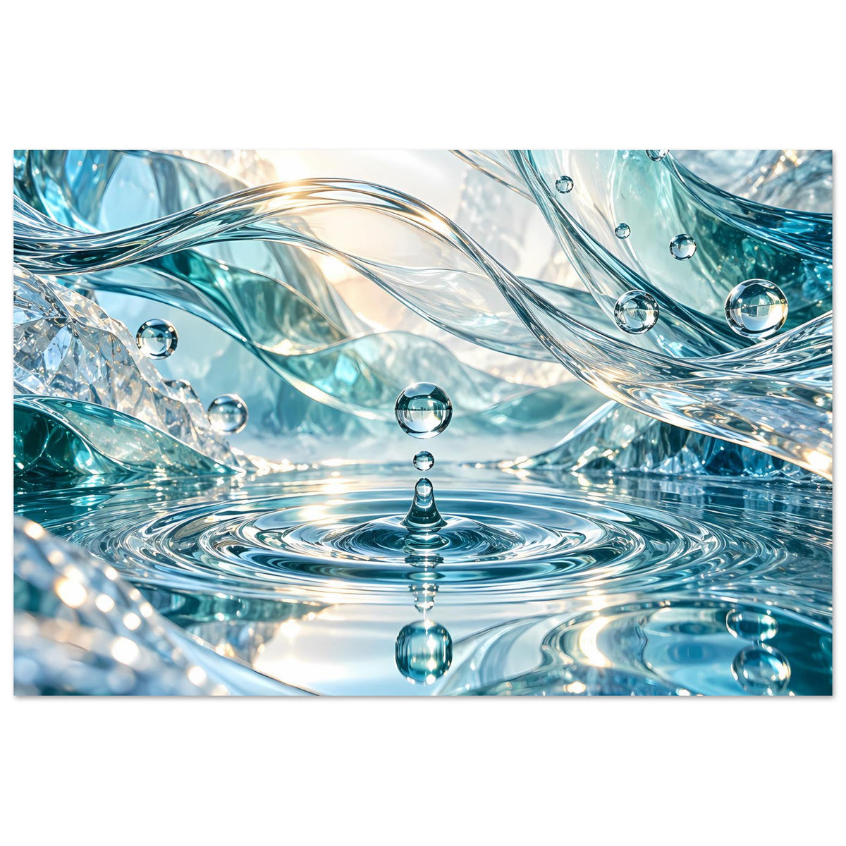Wasserwelt-Poster mit türkisfarbenem Wasserwirbel, schwebenden Tropfen und gläsernen Kugeln