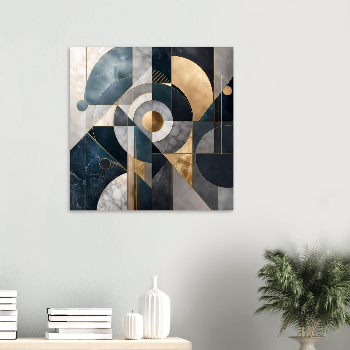 Abstraktes Kunstposter im Querformat mit goldfarbenen Kreisen und Linien in Blau/Grau