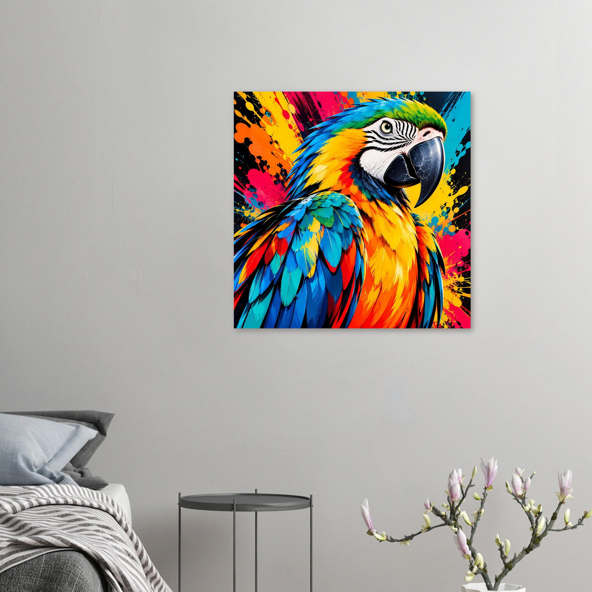 Quadratisches Papagei-Splash-Art-Poster mit bunten Federn und schwarzem Schnabel