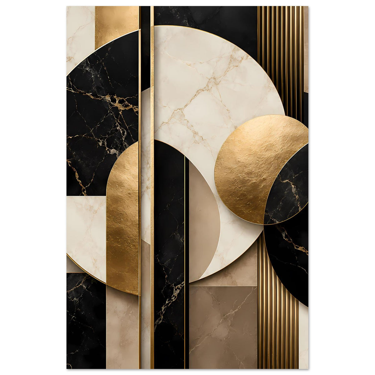 Geometrisches Marmor-Gold-Poster, schmaler vertikaler Balken, goldene Halbkreiswellen und Streifen