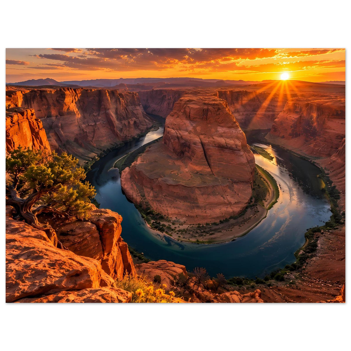 Poster mit Canyon-Schlucht und Fluss, Felsinsel im Sonnenuntergang, orangefarbenes Licht