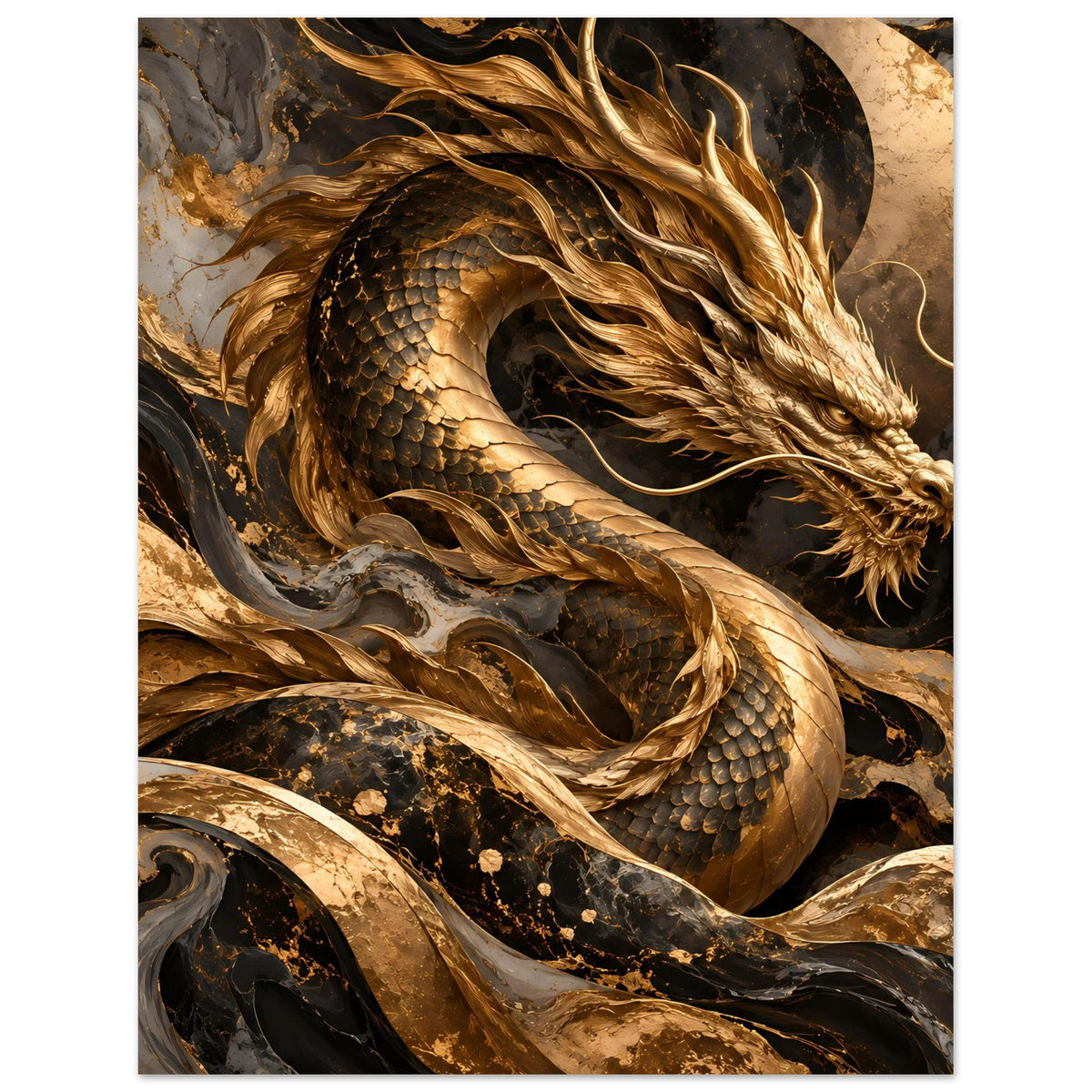 Fantasy-Poster mit goldener Drachen-Darstellung, Kopf und Körper stark im Fokus.