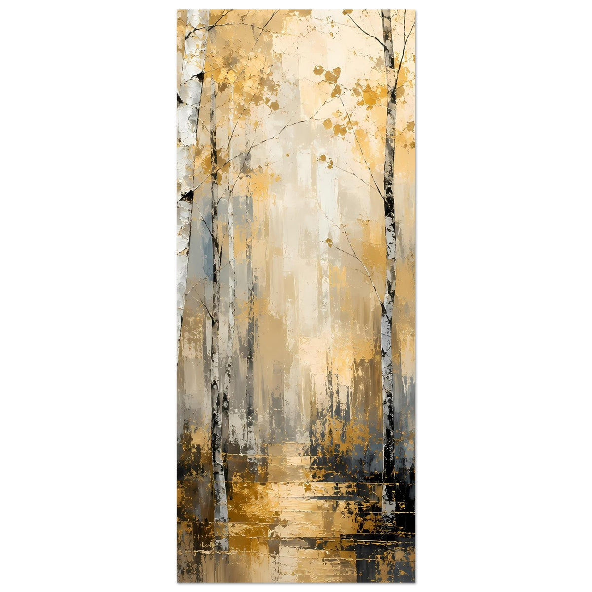 Hochformat-Poster mit abstraktem Birkenwald, schmale weiße Stämme und gold-graue Farbflächen