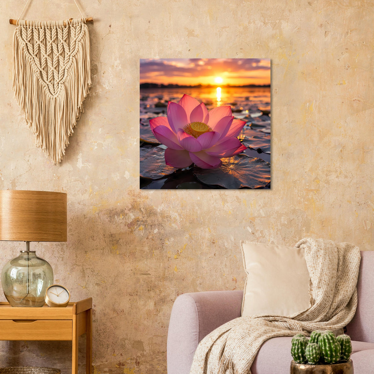 Quadratisches Poster mit rosa Lotusblume und goldener Abendsonne über dem Wasser, schwarz gerahmt