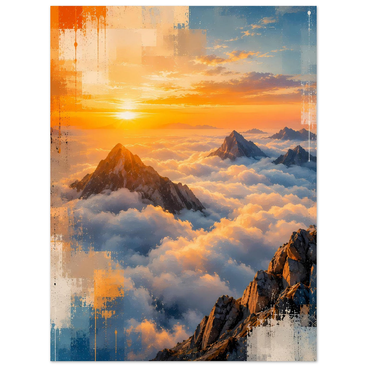 Naturposter im Hochformat: Sonnenaufgang über Bergspitzen und Wolken, orangefarbener Himmel