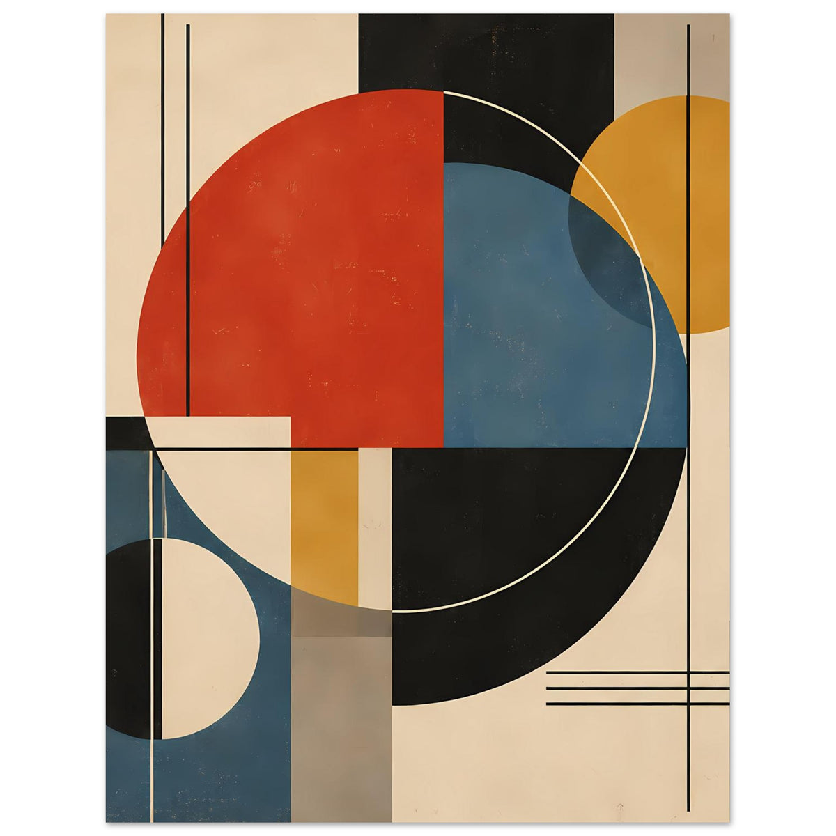 Geometrisches Abstract-Poster mit rotem Block, blauem Kreisring und gelber Kreisform oben rechts.