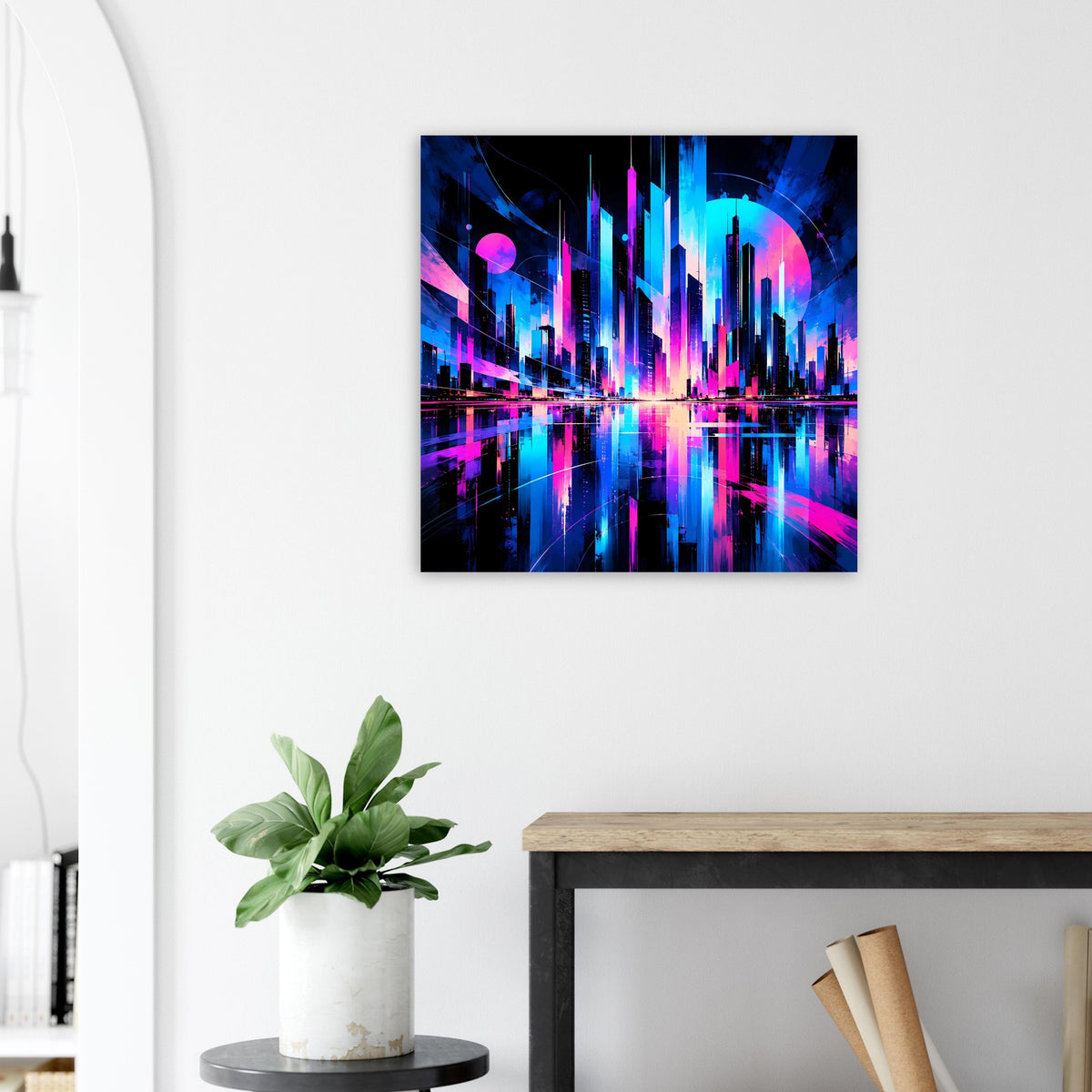 Quadratisches Wandposter mit Neon-Stadtmotiv in Blau und Pink, leuchtende Türme und Reflexionen
