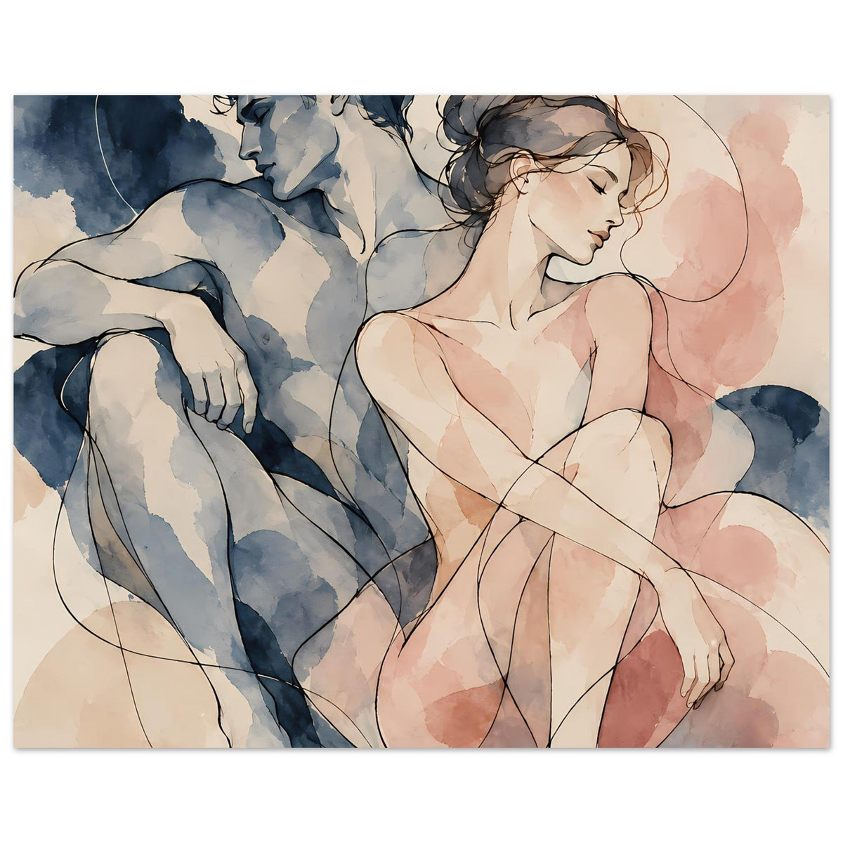 Wasserfarben-Paarposter, breites Motiv: Frau und Mann in Blau und warmem Rosaton