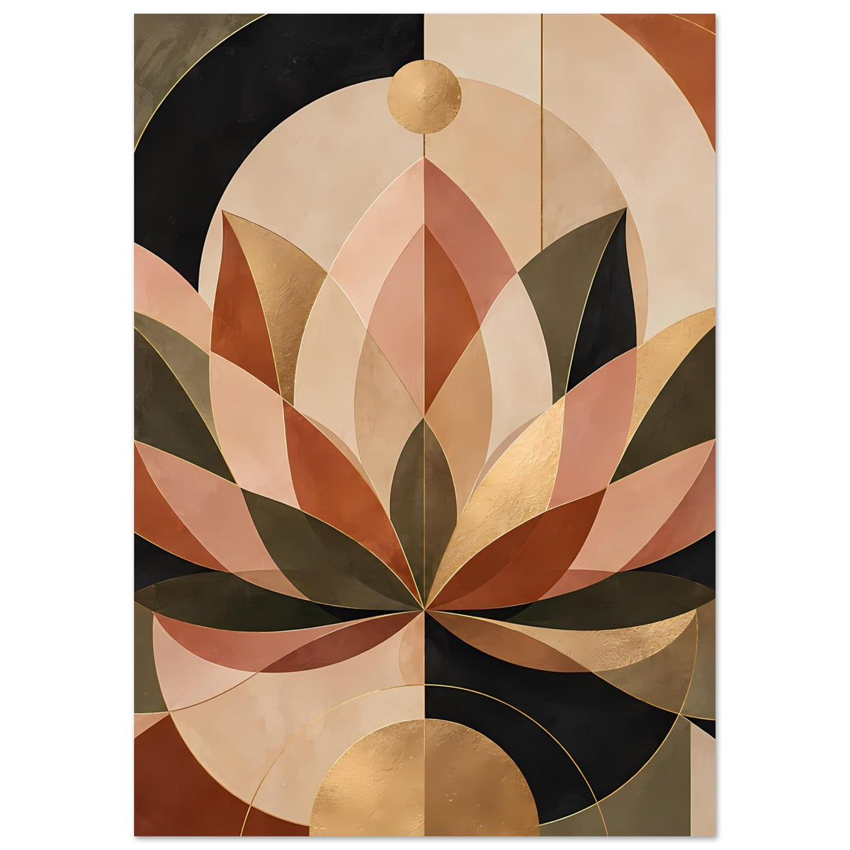 Vertikales Poster mit Lotusblüte aus geometrischen Formen in warmen Erdtönen und Goldakzenten