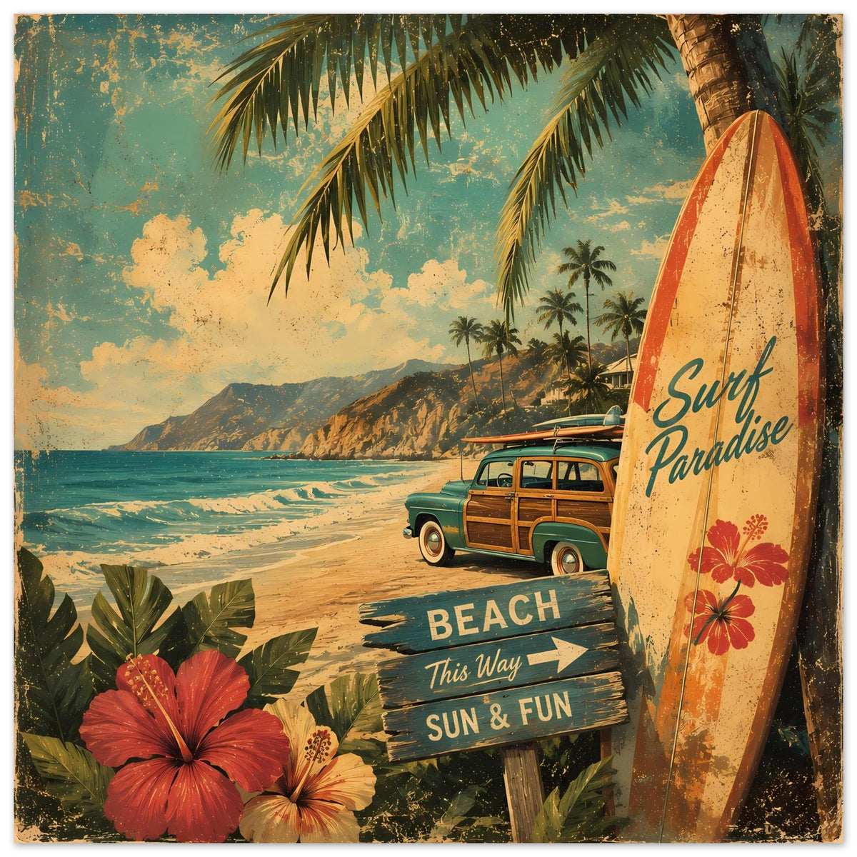 Vintage Beach-Poster mit Surfbrett, VW-Bus und Palmen; Text „Surf Paradise“ deutlich sichtbar