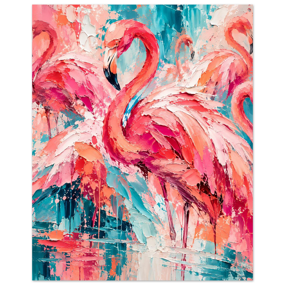 Vertikales Flamingo-Poster: abstraktes Feder-Motiv in Pink, Türkis und Weiß mit schwarzen Details.