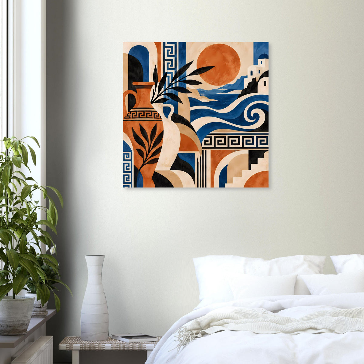 Abstrakter quadratischer Kunstdruck: orangefarbene Sonne, blaue Wellen, Gebäudeformen und Ornamente